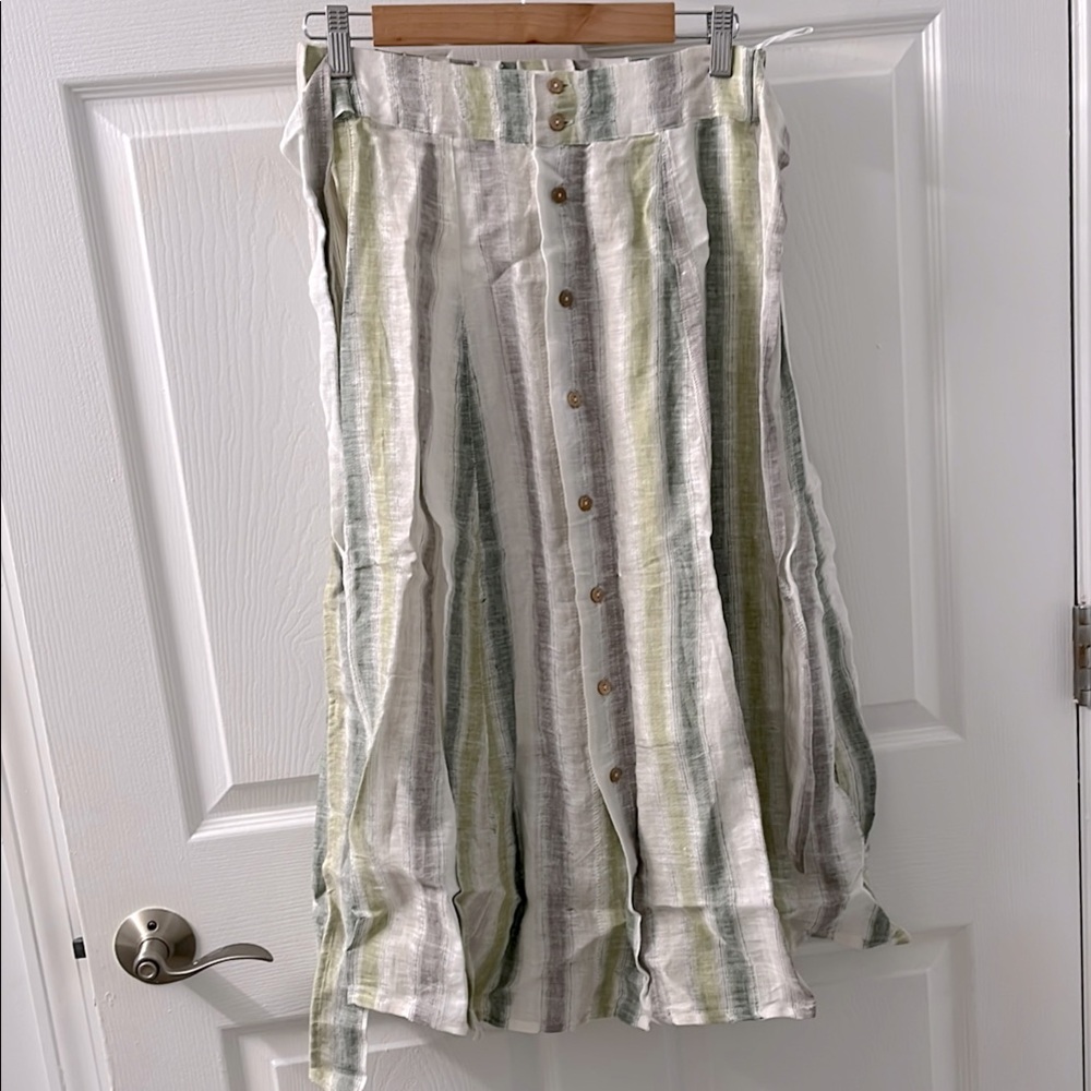 Linen Striped Green and White Button-Down Skirt NWOT S